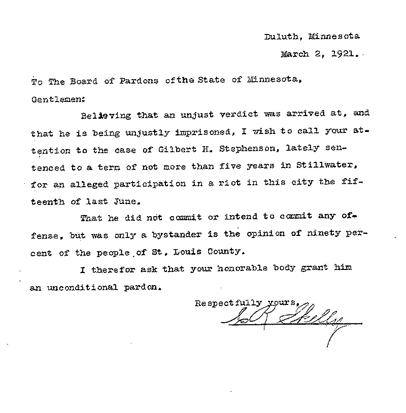 Gilbert Henry Stephenson. Application No. 5151.  Letter from C. R. Skelly to Board of Pardons, March 2, 1921.