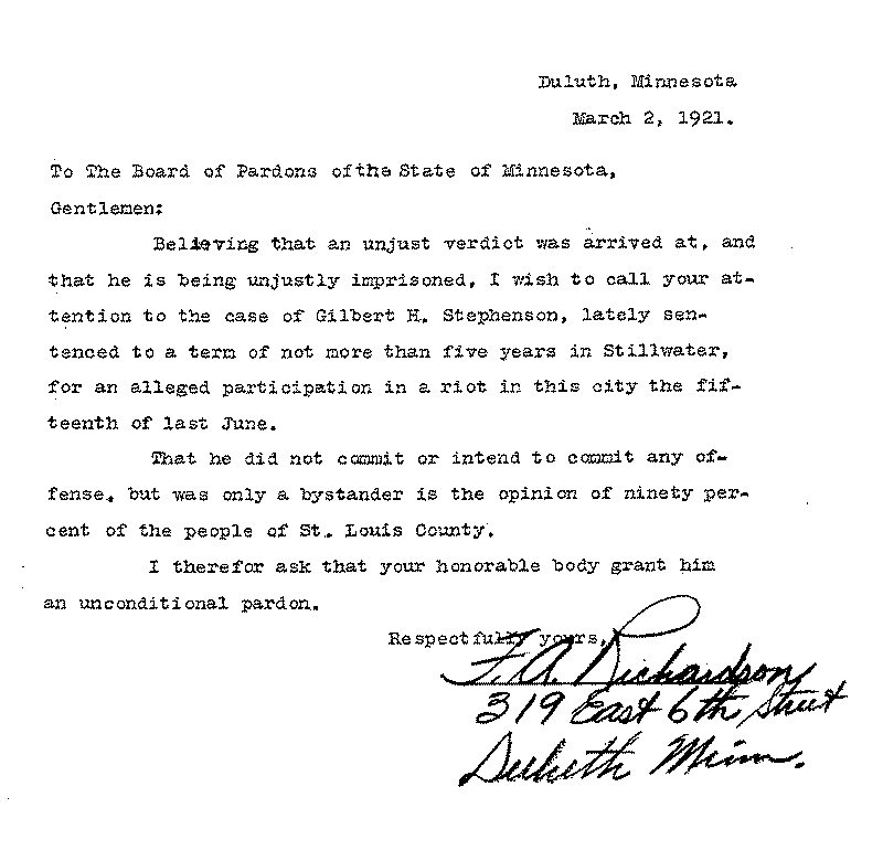 Gilbert Henry Stephenson. Application No. 5151.  Letter from F. A. Richardson to Board of Pardons, March 2, 1921.