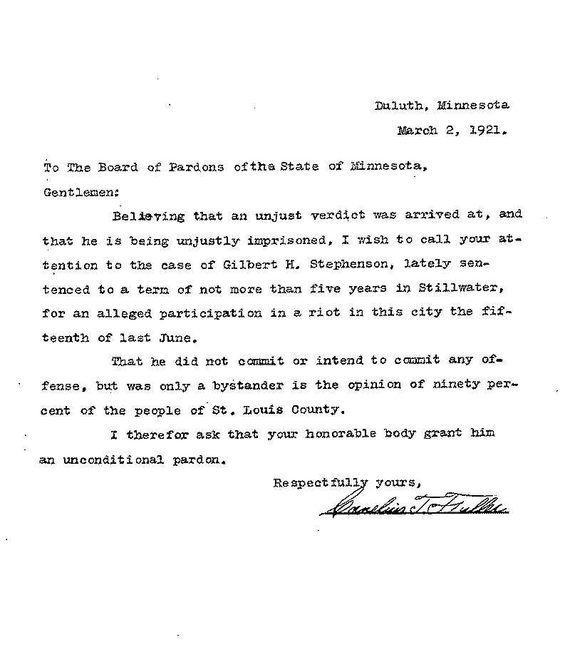 Gilbert Henry Stephenson. Application No. 5151.  Letter from Cornelius T. Fuller to Board of Pardons, March 2, 1921.