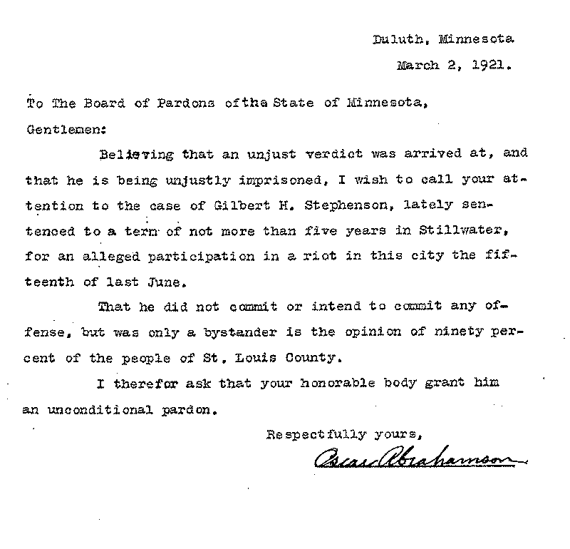 Gilbert Henry Stephenson. Application No. 5151.  Letter from Oscar Abrahamson to Board of Pardons, March 2, 1921.