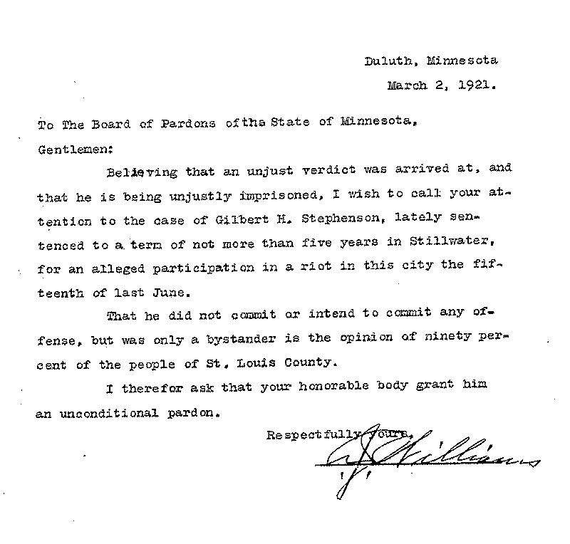 Gilbert Henry Stephenson. Application No. 5151.  Letter from J. Williams to Board of Pardons, March 2, 1921.