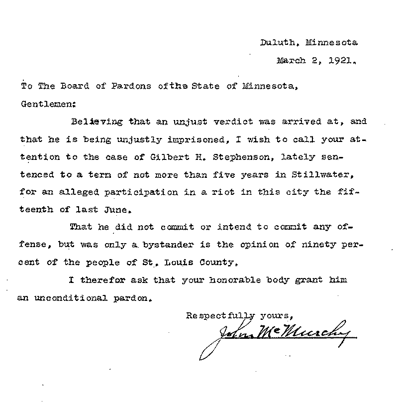 Gilbert Henry Stephenson. Application No. 5151.  Letter from Oscar Abrahamson to Board of Pardons, March 2, 1921.