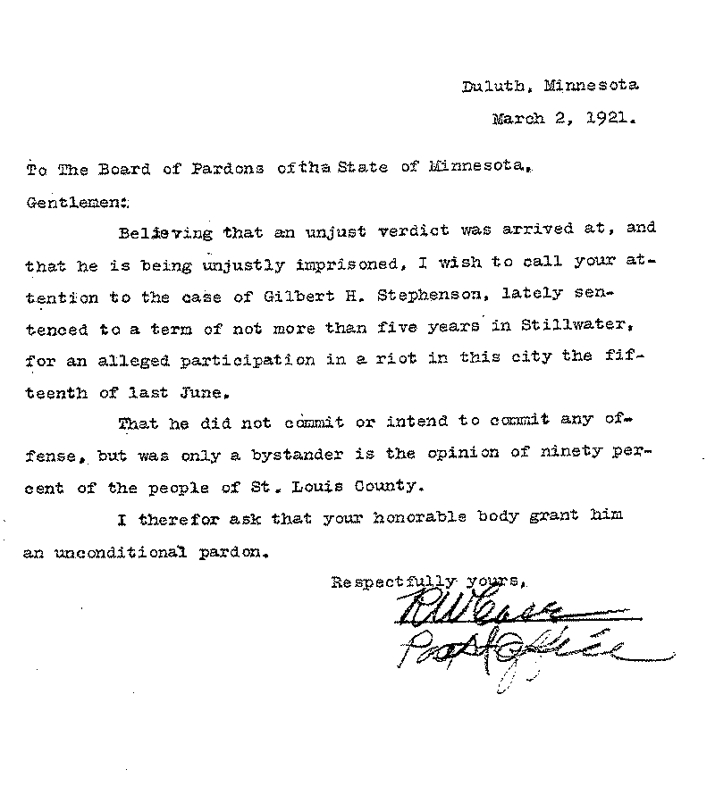Gilbert Henry Stephenson. Application No. 5151.  Letter from R. W. Case (?) to Board of Pardons, March 2, 1921.