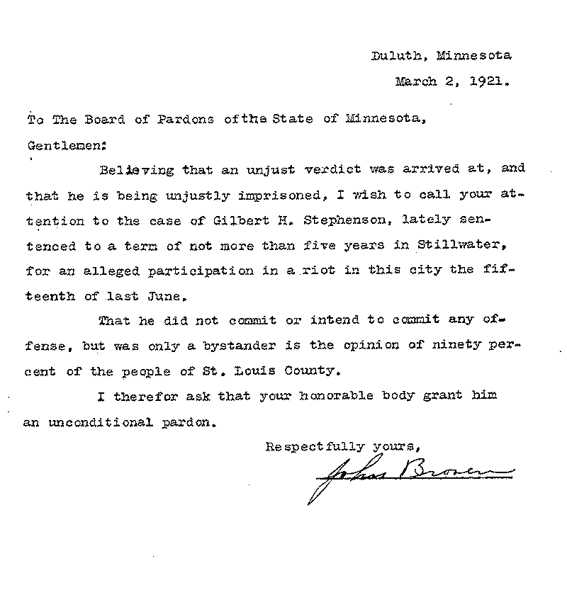 Gilbert Henry Stephenson. Application No. 5151.  Letter from John Bronen to Board of Pardons, March 2, 1921.