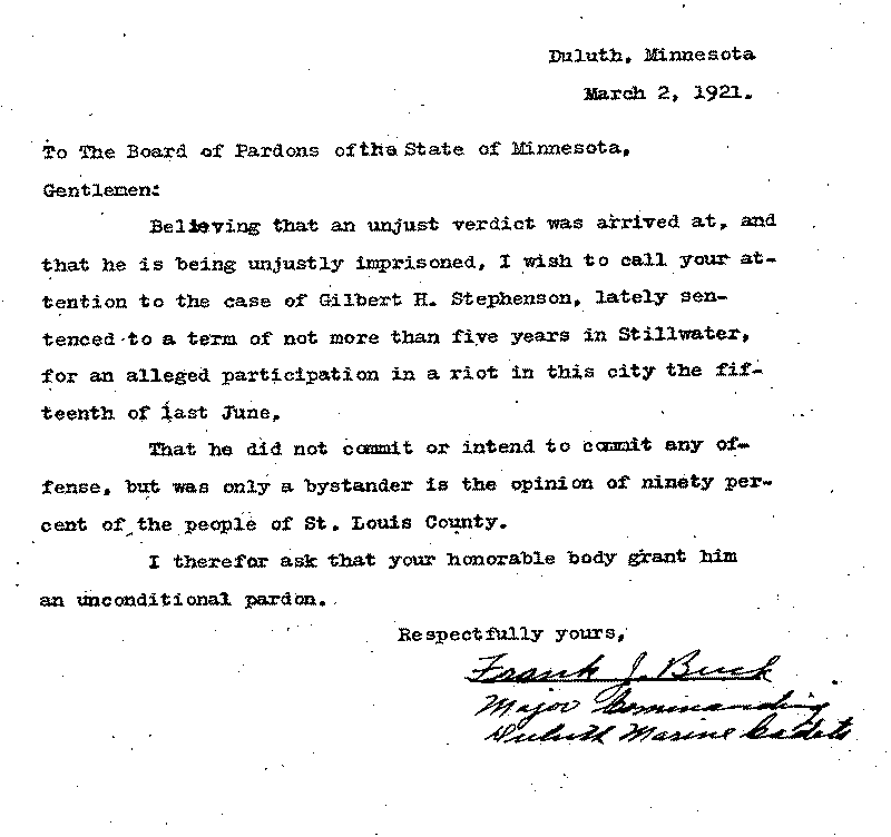 Gilbert Henry Stephenson. Application No. 5151.  Letter from Frank J. Buck to Board of Pardons, March 2, 1921.