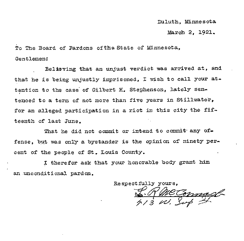 Gilbert Henry Stephenson. Application No. 5151.  Letter from L. R. McCormack to Board of Pardons, March 2, 1921.