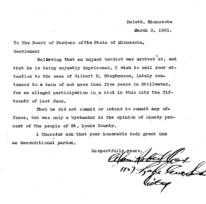 Gilbert Henry Stephenson. Application No. 5151.  Letter from Frank J. Buck to Board of Pardons, March 2, 1921.