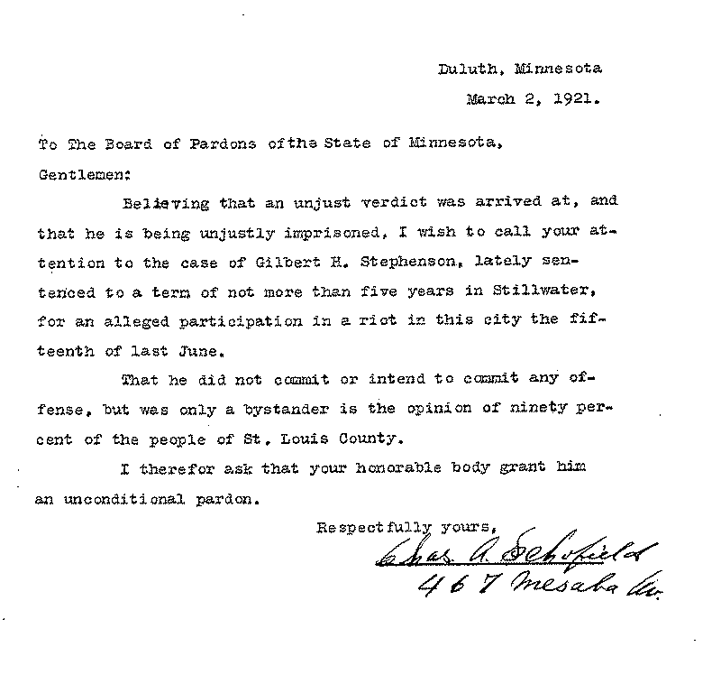 Gilbert Henry Stephenson. Application No. 5151.  Letter from Charles A. Schofield to Board of Pardons, March 2, 1921.