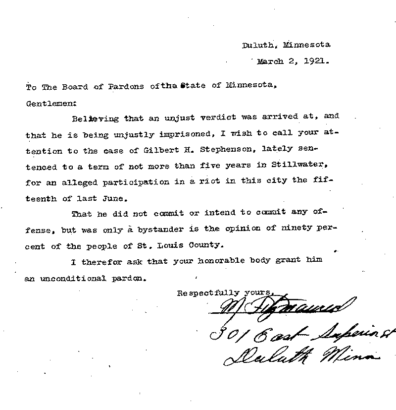 Gilbert Henry Stephenson. Application No. 5151.  Letter from M. [illegible] to Board of Pardons, March 2, 1921.