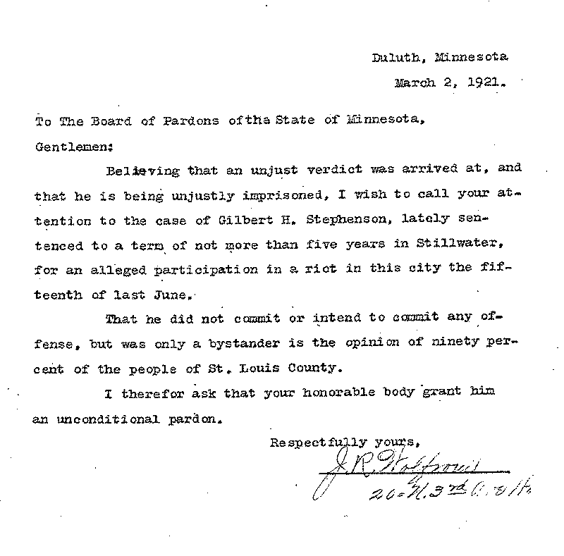 Gilbert Henry Stephenson. Application No. 5151.  Letter from J. R. Wolfrem (?) to Board of Pardons, March 2, 1921.