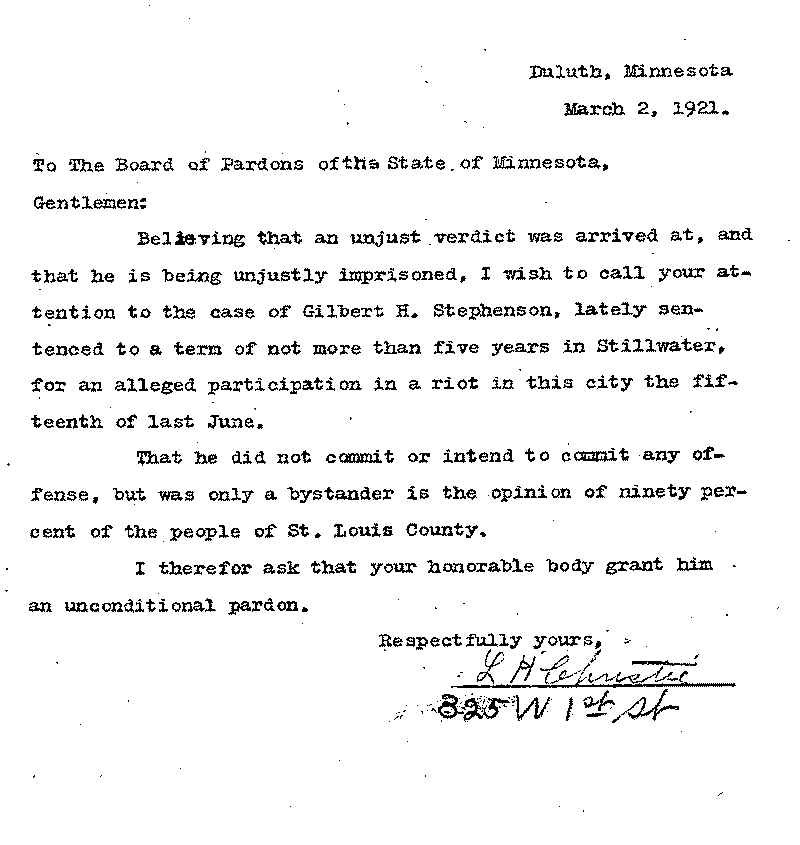 Gilbert Henry Stephenson. Application No. 5151.  Letter from L. H. Christie to Board of Pardons, March 2, 1921.
