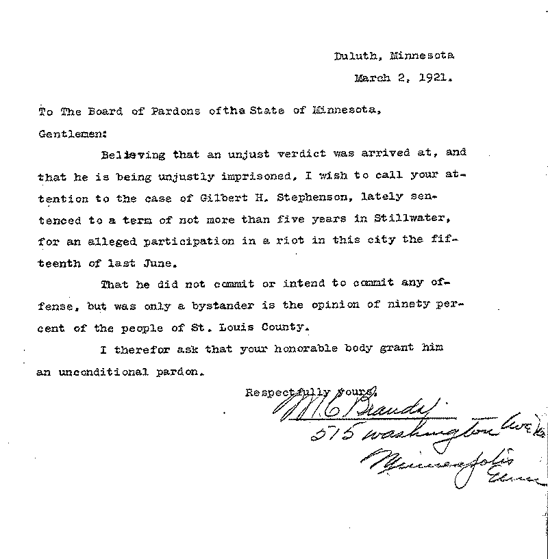 Gilbert Henry Stephenson. Application No. 5151.  Letter from M. C. Brauda to Board of Pardons, March 2, 1921.
