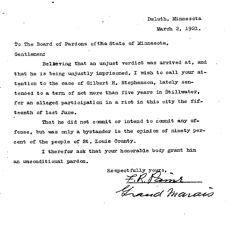 Gilbert Henry Stephenson. Application No. 5151.  Letter from F. R. Paine to Board of Pardons, March 2, 1921.