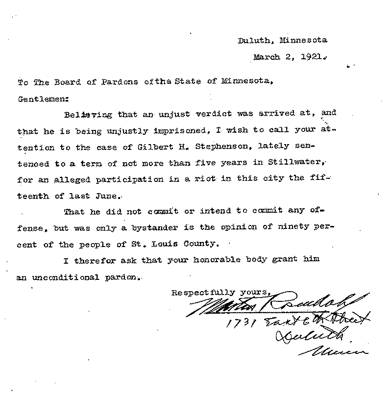 Gilbert Henry Stephenson. Application No. 5151.  Letter from Martin Randahl (?) to Board of Pardons, March 2, 1921.