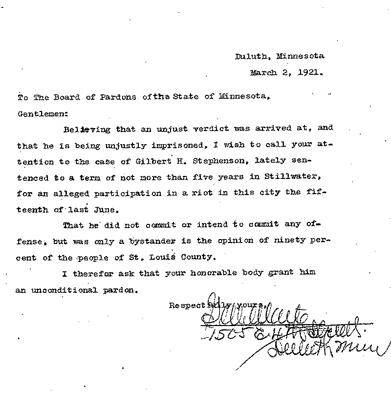 Gilbert Henry Stephenson. Application No. 5151.  Letter from [illegible] to Board of Pardons, March 2, 1921.