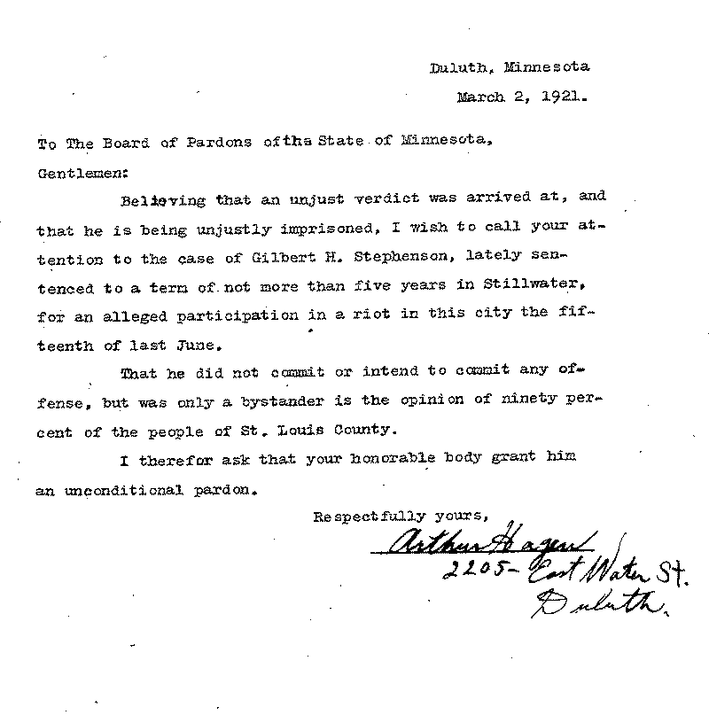 Gilbert Henry Stephenson. Application No. 5151.  Letter from Arthur Hagen to Board of Pardons, March 2, 1921.