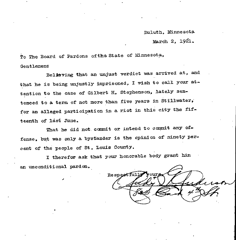 Gilbert Henry Stephenson. Application No. 5151.  Letter from Rudy G. Anderson to Board of Pardons, March 2, 1921.