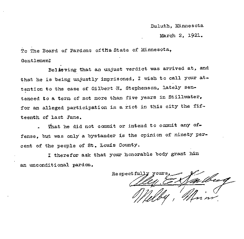 Gilbert Henry Stephenson. Application No. 5151.  Letter from Alex E. Kroneberg (?) to Board of Pardons, March 2, 1921.