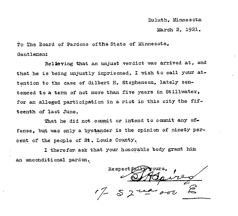 Gilbert Henry Stephenson. Application No. 5151.  Letter from T. H. Spires to Board of Pardons, March 2, 1921.