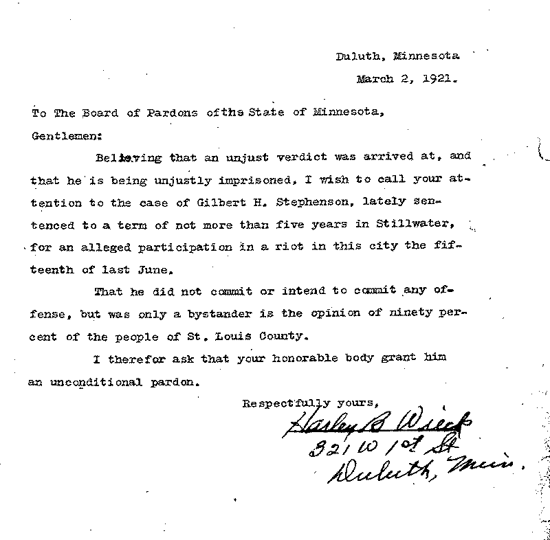 Gilbert Henry Stephenson. Application No. 5151.  Letter from Harley B. Wieck to Board of Pardons, March 2, 1921.