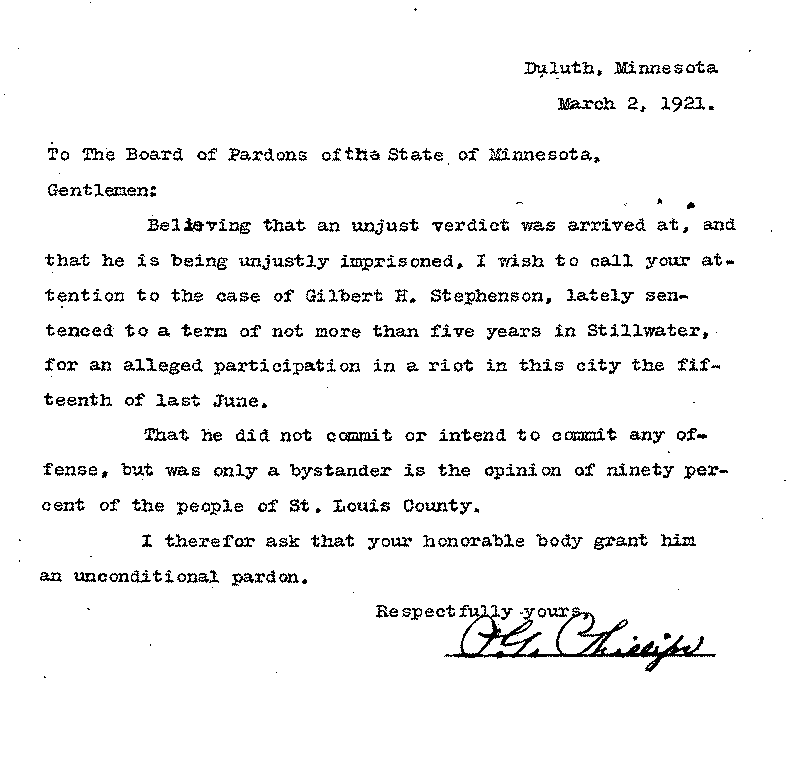 Gilbert Henry Stephenson. Application No. 5151.  Letter from P. G. Phillips to Board of Pardons, March 2, 1921.
