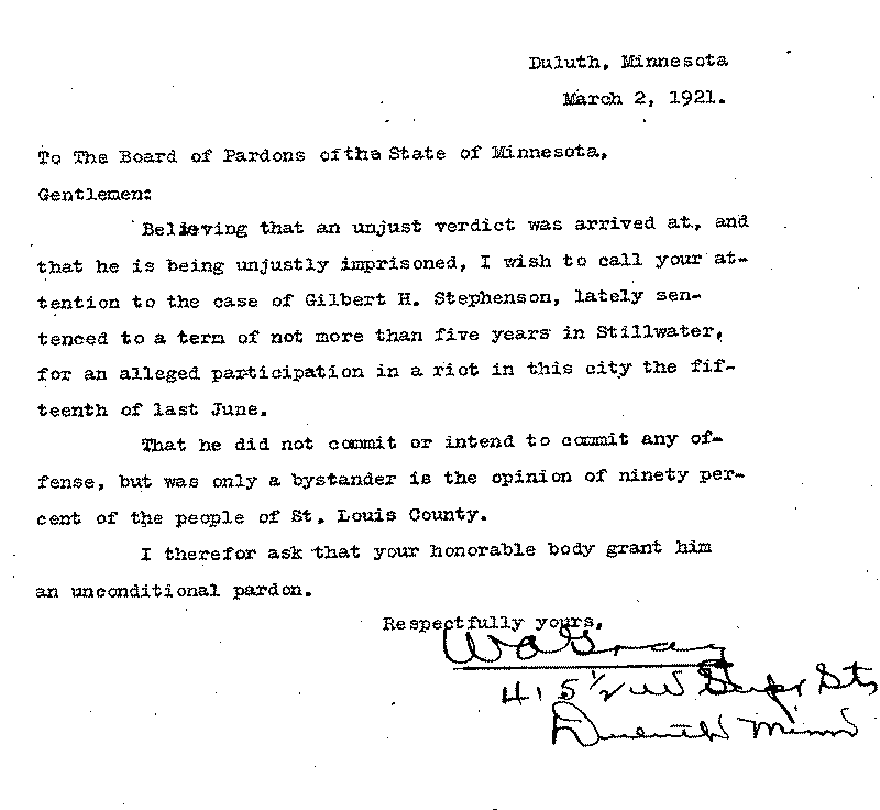 Gilbert Henry Stephenson. Application No. 5151.  Letter from W. A. Gray to Board of Pardons, March 2, 1921.