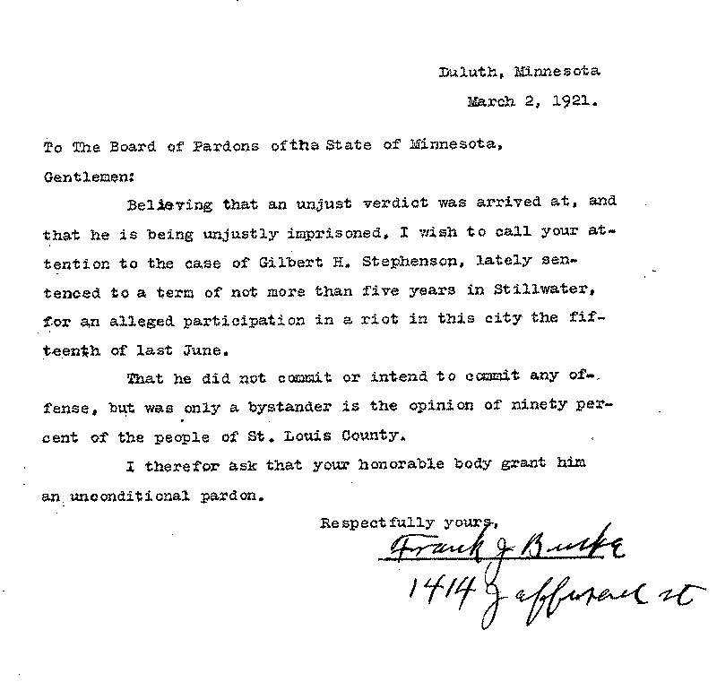 Gilbert Henry Stephenson. Application No. 5151.  Letter from Frank J. Burke to Board of Pardons, March 2, 1921.