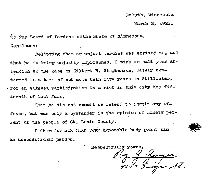 Gilbert Henry Stephenson. Application No. 5151.  Letter from Ray. G. Gonyea (?) to Board of Pardons, March 2, 1921.