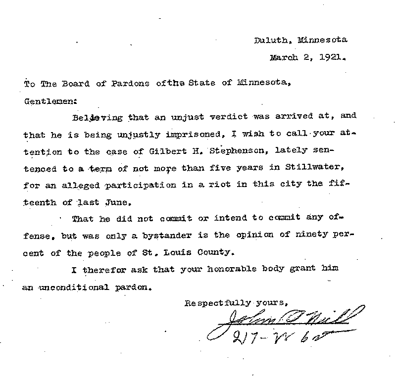 Gilbert Henry Stephenson. Application No. 5151.  Letter from John O'Neill to Board of Pardons, March 2, 1921.