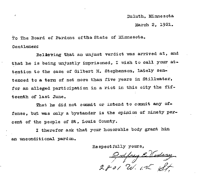 Gilbert Henry Stephenson. Application No. 5151.  Letter from Godfrey E. Vodery to Board of Pardons, March 2, 1921.