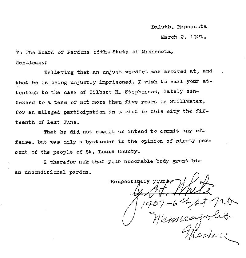 Gilbert Henry Stephenson. Application No. 5151.  Letter from J. H. White to Board of Pardons, March 2, 1921.