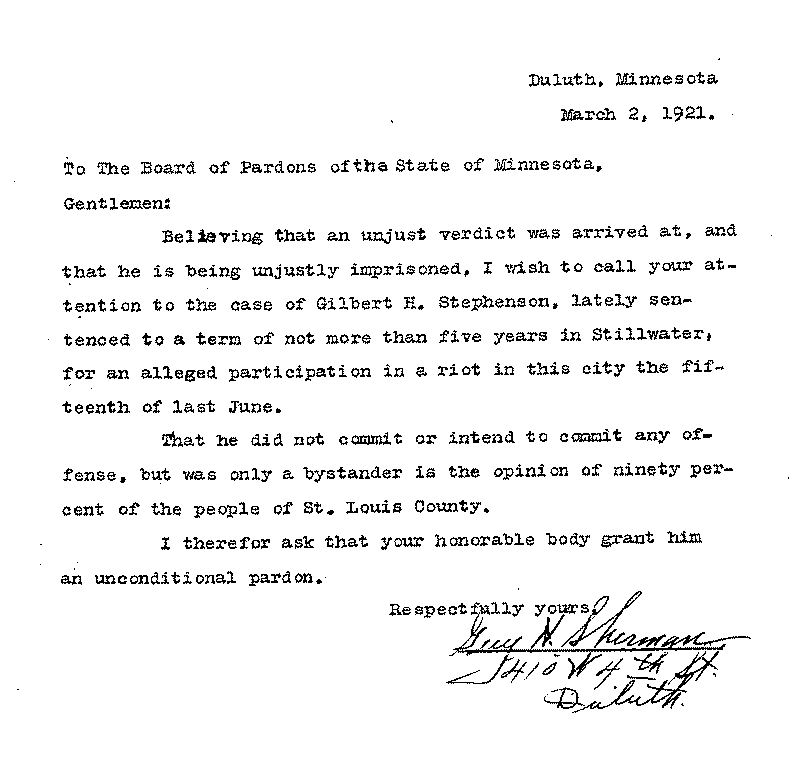 Gilbert Henry Stephenson. Application No. 5151.  Letter from Guy H. Sherman to Board of Pardons, March 2, 1921.