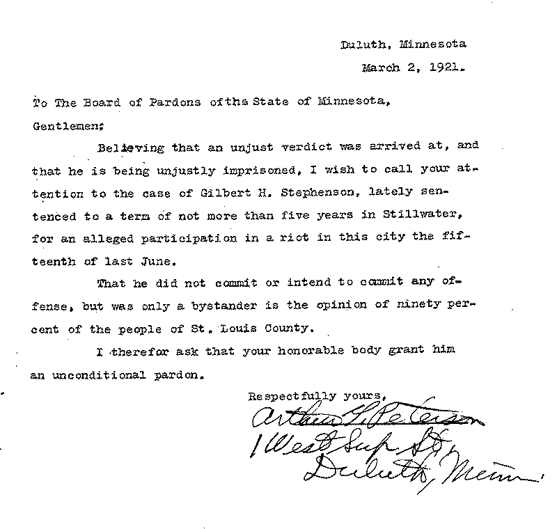 Gilbert Henry Stephenson. Application No. 5151.  Letter from Arthur G. Peterson to Board of Pardons, March 2, 1921.