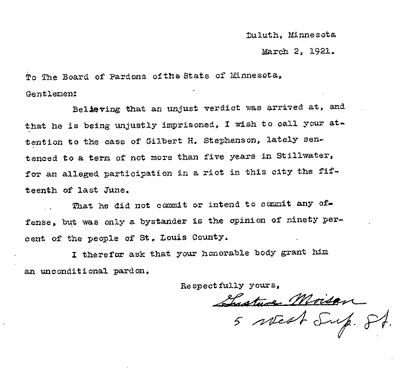 Gilbert Henry Stephenson. Application No. 5151.  Letter from Gustave Moisan to Board of Pardons, March 2, 1921.
