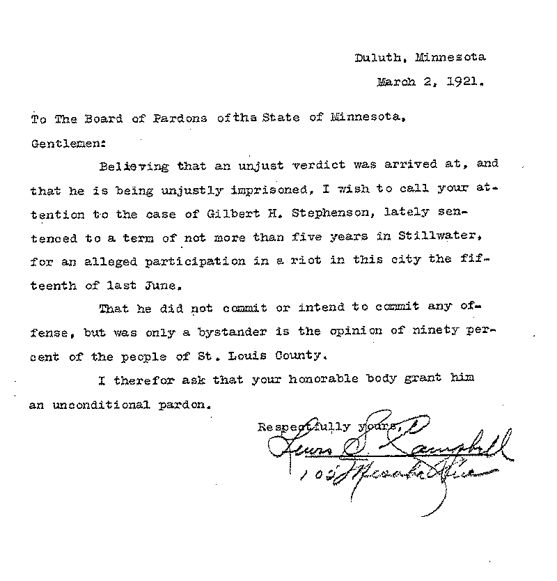 Gilbert Henry Stephenson. Application No. 5151.  Letter from Lewis S. Campbell to Board of Pardons, March 2, 1921.