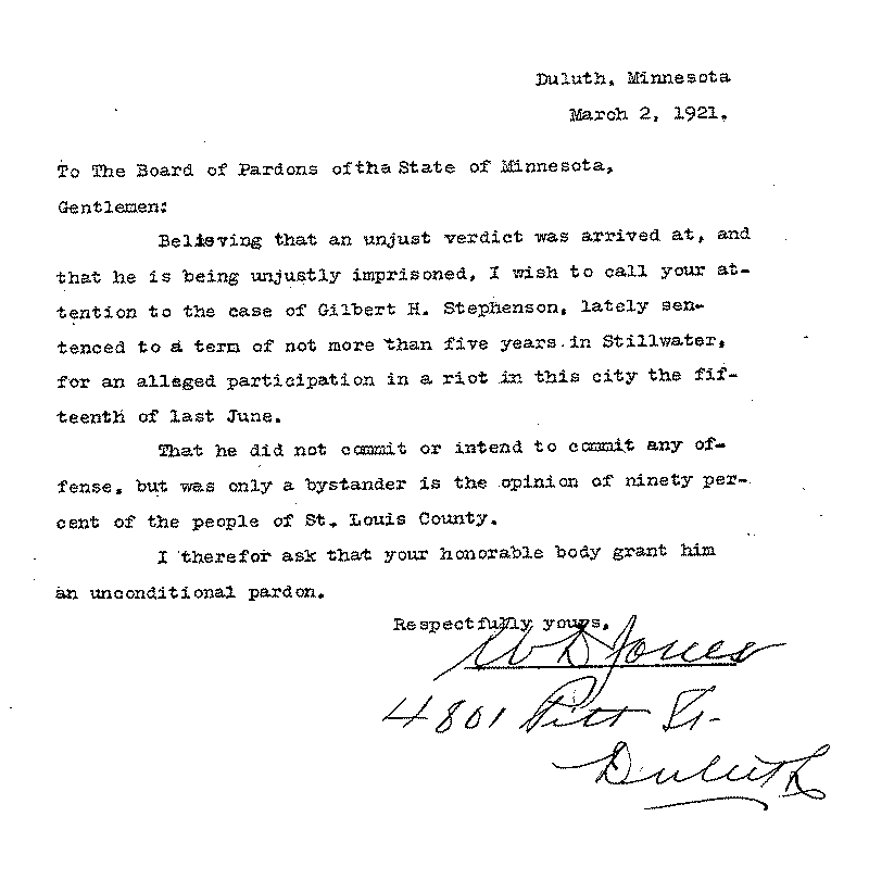 Gilbert Henry Stephenson. Application No. 5151.  Letter from W. D. Jones (?) to Board of Pardons, March 2, 1921.