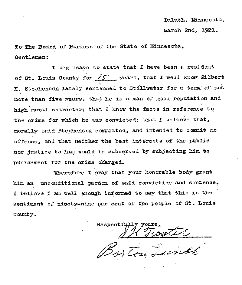 Gilbert Henry Stephenson. Application No. 5151.  Letter from J. H. Foster to Board of Pardons, March 2, 1921.