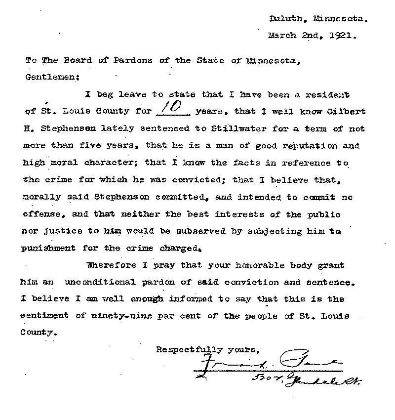 Gilbert Henry Stephenson. Application No. 5151.  Letter from Frank [illegible] to Board of Pardons, March 2, 1921.