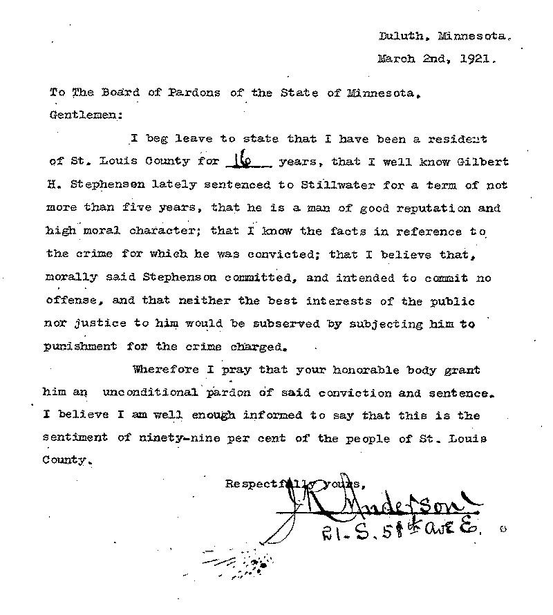 Gilbert Henry Stephenson. Application No. 5151.  Letter from J. R. Anderson to Board of Pardons, March 2, 1921.