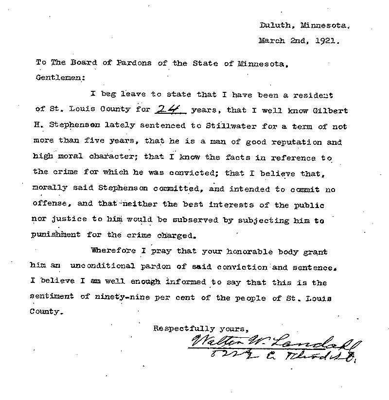 Gilbert Henry Stephenson. Application No. 5151.  Letter from Walter W. Landahl to Board of Pardons, March 2, 1921.