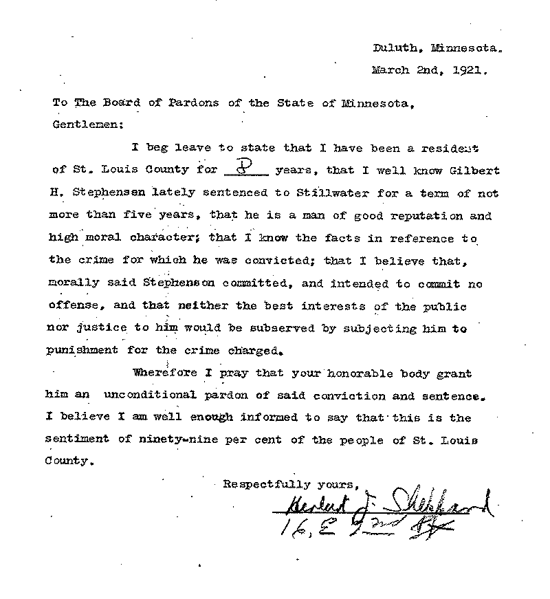 Gilbert Henry Stephenson. Application No. 5151.  Letter from Herbert L. Sheppard to Board of Pardons, March 2, 1921.