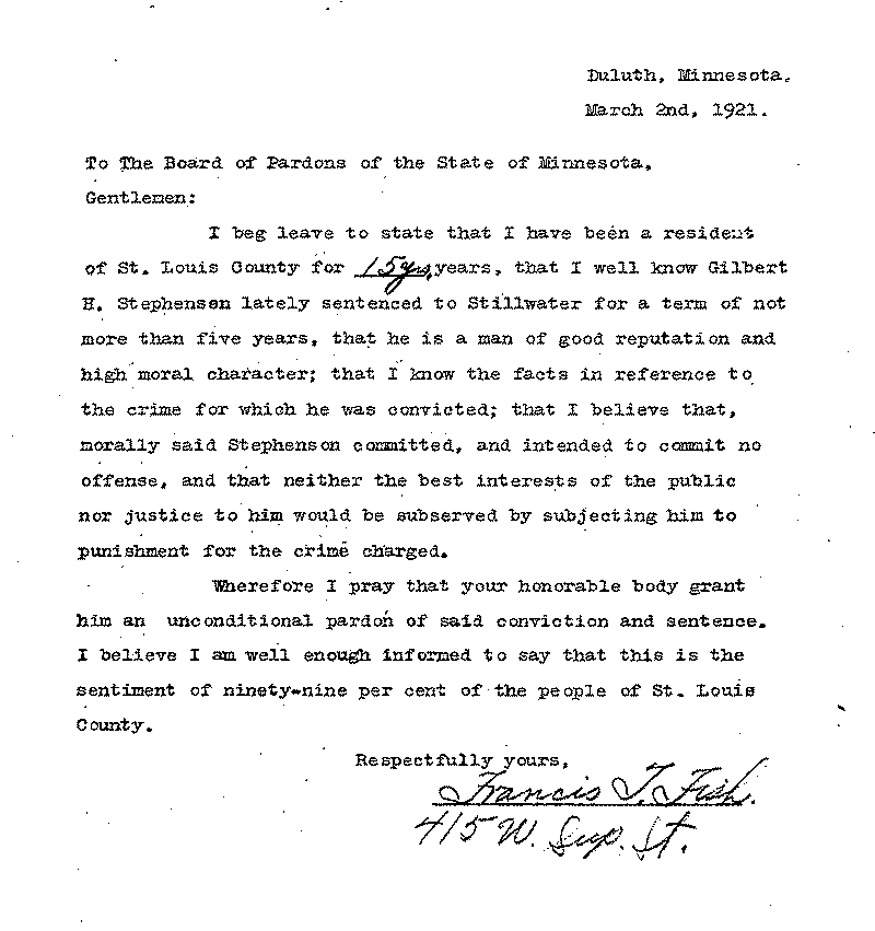 Gilbert Henry Stephenson. Application No. 5151.  Letter from Francis T. Fish to Board of Pardons, March 2, 1921.