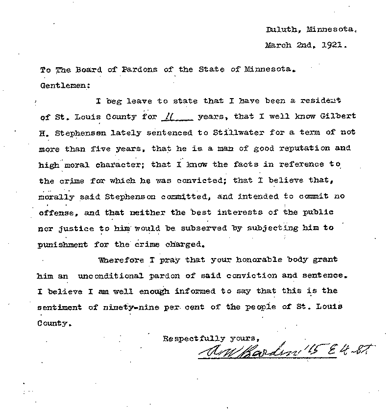 Gilbert Henry Stephenson. Application No. 5151.  Letter from A. W. Barden to Board of Pardons, March 2, 1921.