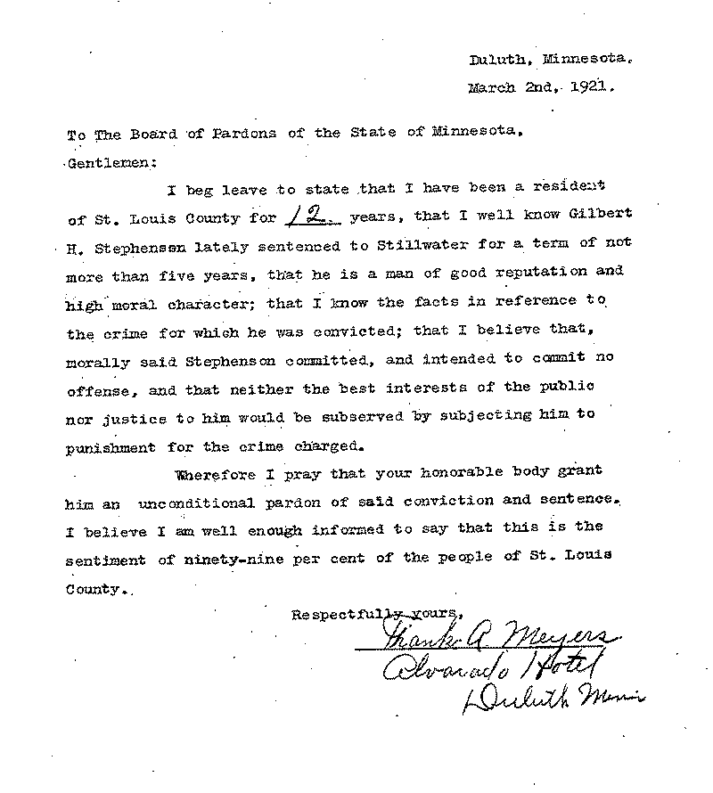Gilbert Henry Stephenson. Application No. 5151.  Letter from Frank A. Meyers to Board of Pardons, March 2, 1921.