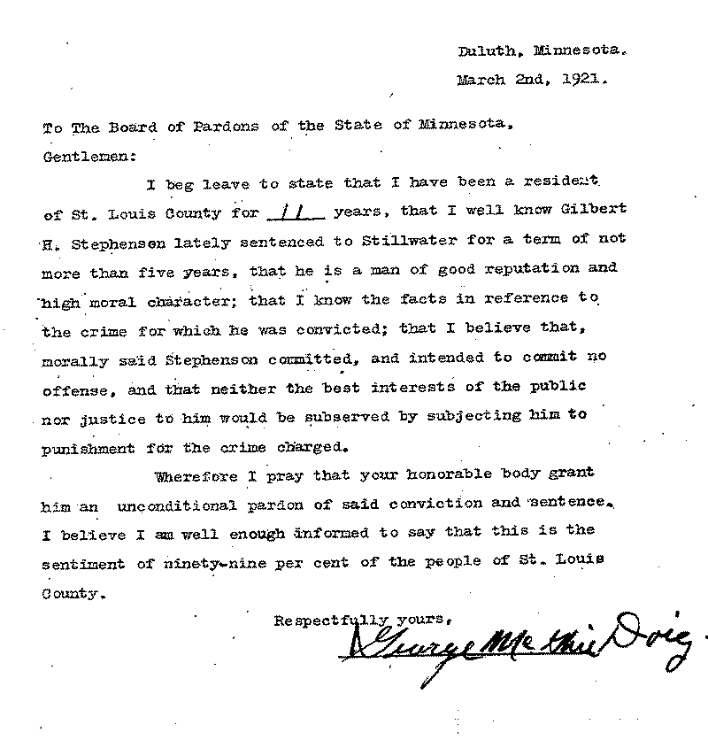 Gilbert Henry Stephenson. Application No. 5151.  Letter from George Mathis Doiy (?) to Board of Pardons, March 2, 1921.