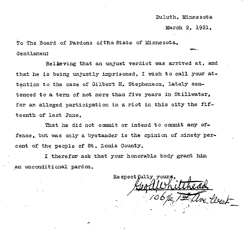 Gilbert Henry Stephenson. Application No. 5151.  Letter from George A. Whitehead to Board of Pardons, March 2, 1921.