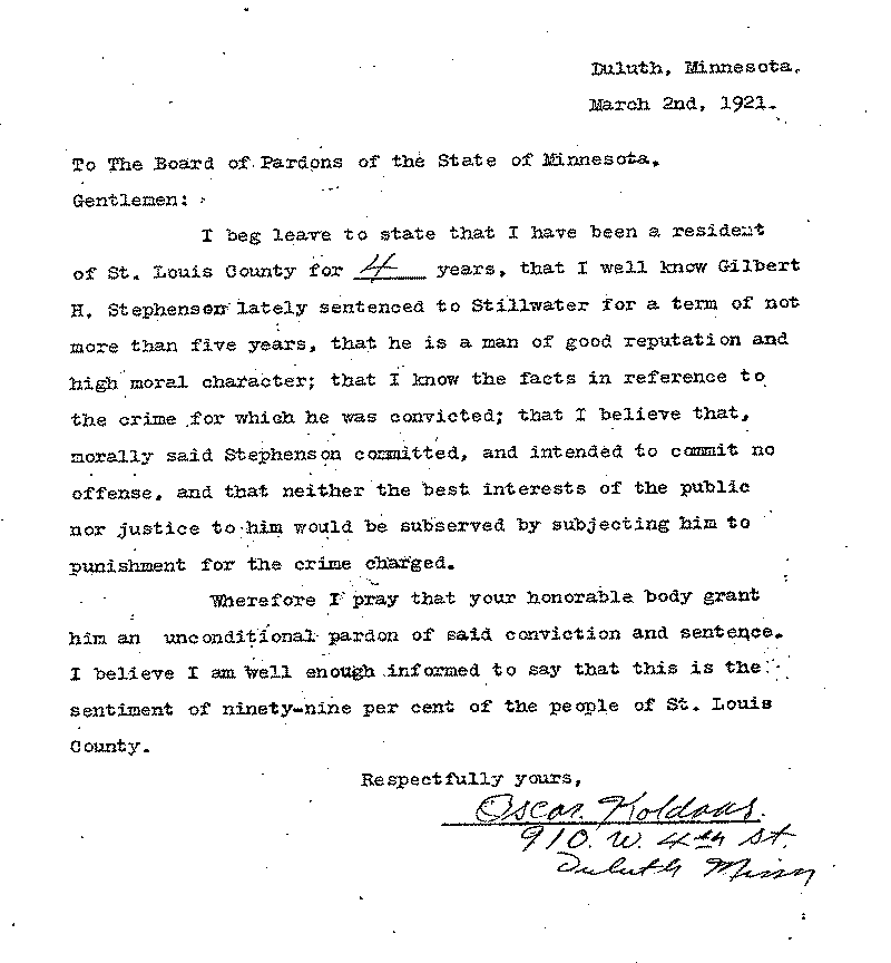 Gilbert Henry Stephenson. Application No. 5151.  Letter from Oscar Koldaus to Board of Pardons, March 2, 1921.