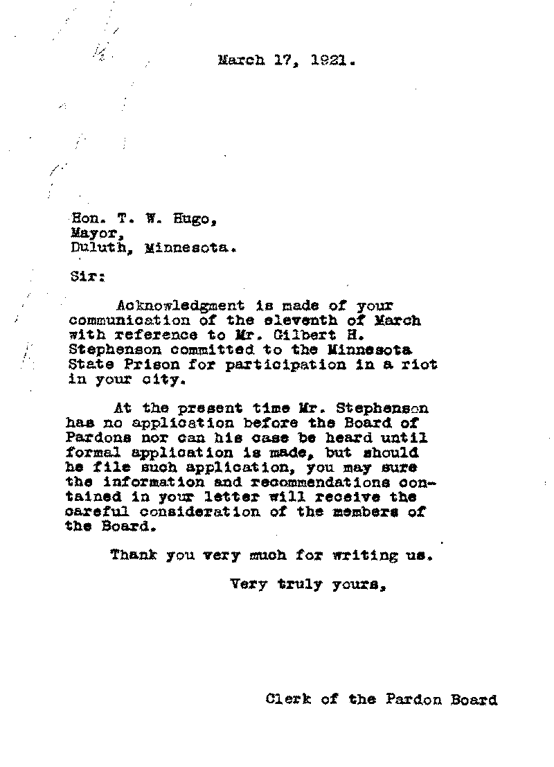 Gilbert Henry Stephenson. Application No. 5151.  Letter from Clerk of the Pardon Board to T. W. Hugo, March 17, 1921.