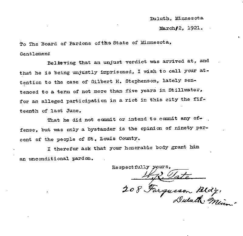 Gilbert Henry Stephenson. Application No. 5151.  Letter from H. R. Tate to Board of Pardons, March 12, 1921.