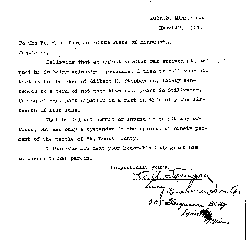 Gilbert Henry Stephenson. Application No. 5151.  Letter from C. A. Lanigan to Board of Pardons, March 12, 1921.